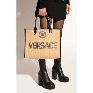 Versace Medusa La Vacanza Studded Raffia Leather Trim Large Tote Bag NWT $2,075